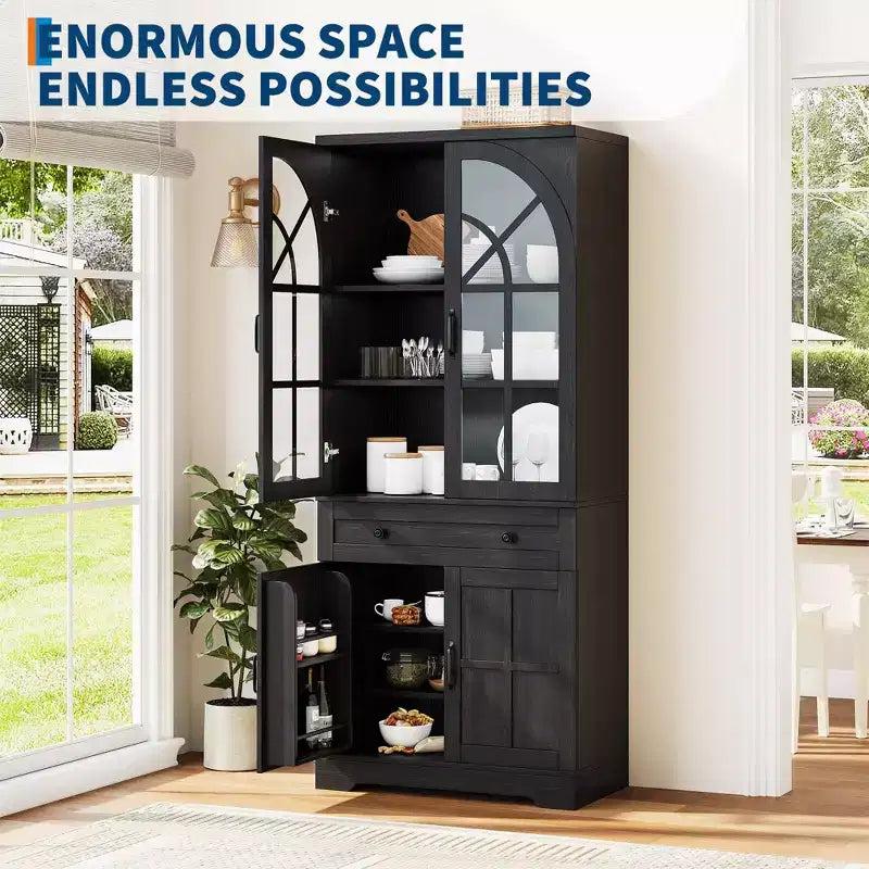 Armoire de cuisine indépendante de style ferme de 182,6 cm de haut avec portes en verre trempé et dispositif anti-basculement pour cuisine, salle à manger et salon