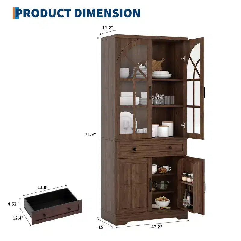 Armoire de cuisine indépendante de style ferme de 182,6 cm de haut avec portes en verre trempé et dispositif anti-basculement pour cuisine, salle à manger et salon