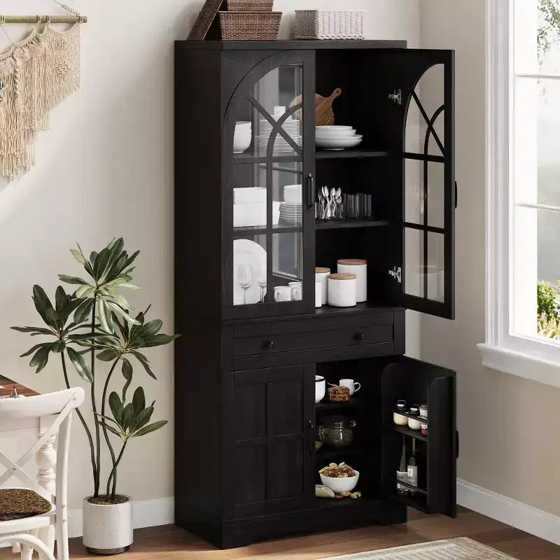 Farmhouse Pantry Cabinet, 71.9 Tall Freestanding Kitchen Cabinet with Tempered Glass Doors& Anti-Tip Design for Kitchen, Dining Room & Living Room