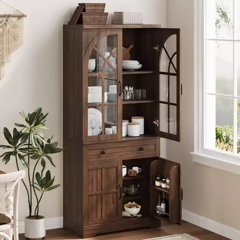 Armoire de cuisine indépendante de style ferme de 182,6 cm de haut avec portes en verre trempé et dispositif anti-basculement pour cuisine, salle à manger et salon