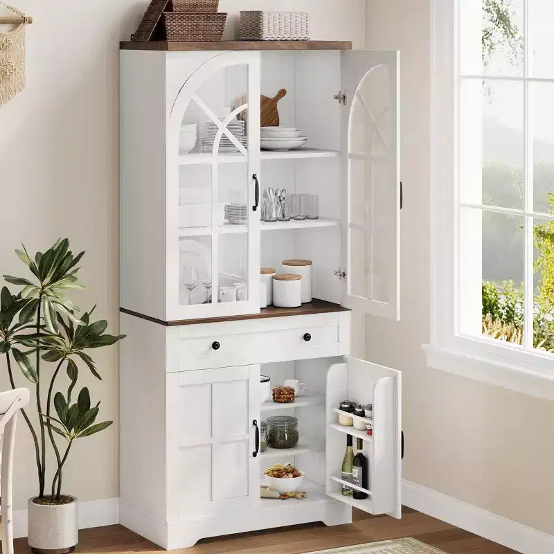 Armoire de cuisine indépendante de style ferme de 182,6 cm de haut avec portes en verre trempé et dispositif anti-basculement pour cuisine, salle à manger et salon