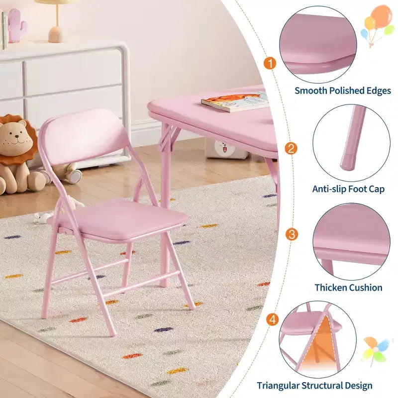 Ensemble table et chaises pliantes pour enfants, table d'activités carrée rembourrée avec chaises pliantes pour filles, bureau d'étude portable pour tout-petits, sans assemblage, pour salle de jeux