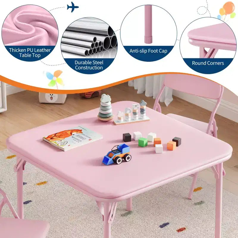 Ensemble table et chaises pliantes pour enfants, table d'activités carrée rembourrée avec chaises pliantes pour filles, bureau d'étude portable pour tout-petits, sans assemblage, pour salle de jeux