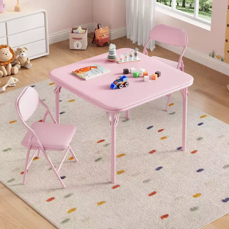 Kids Folding Table and Chair Set, Square Padded Activity Table with Folding Chairs for Girls, No Assembly Portable Toddler Study Desk for Playroom