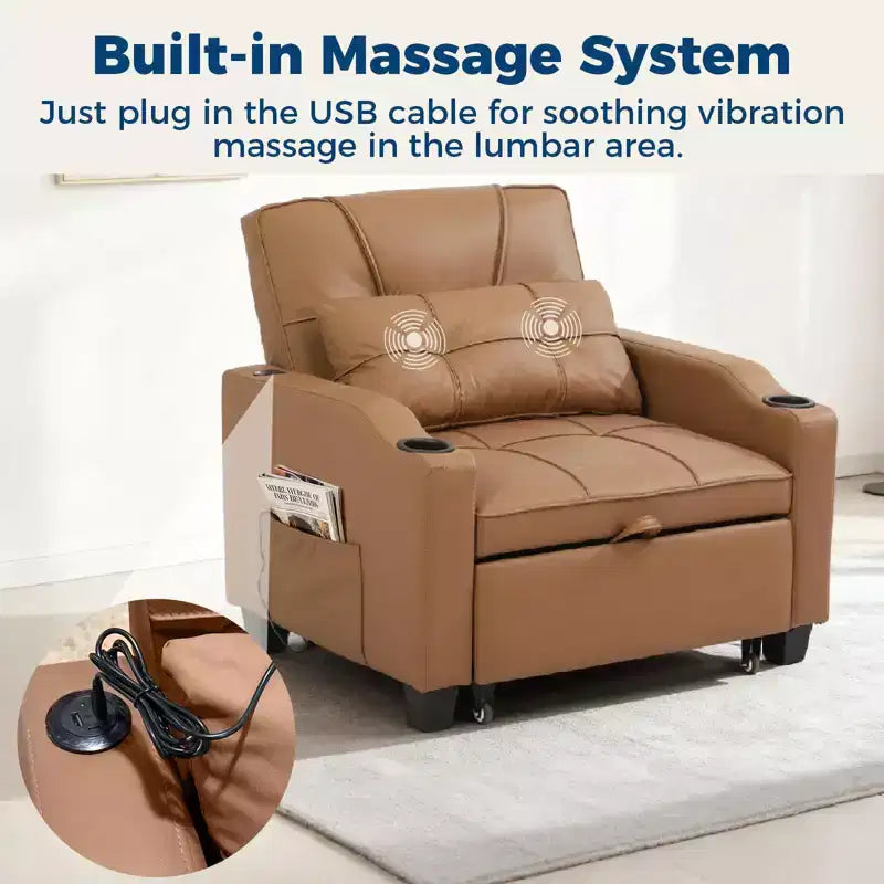 Canapé-lit convertible 4-en-1 avec oreiller de massage - USB/Type-C et porte-gobelets pour petits espaces