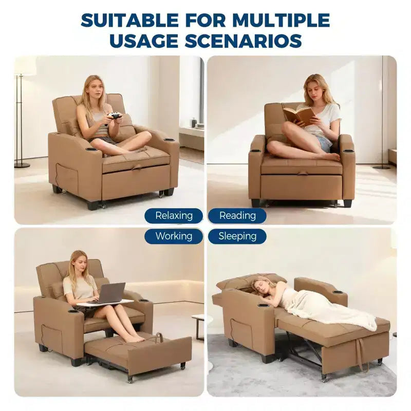 Canapé-lit convertible 4-en-1 avec oreiller de massage - USB/Type-C et porte-gobelets pour petits espaces