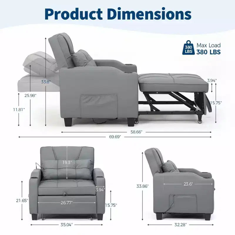 Canapé-lit convertible 4-en-1 avec oreiller de massage - USB/Type-C et porte-gobelets pour petits espaces