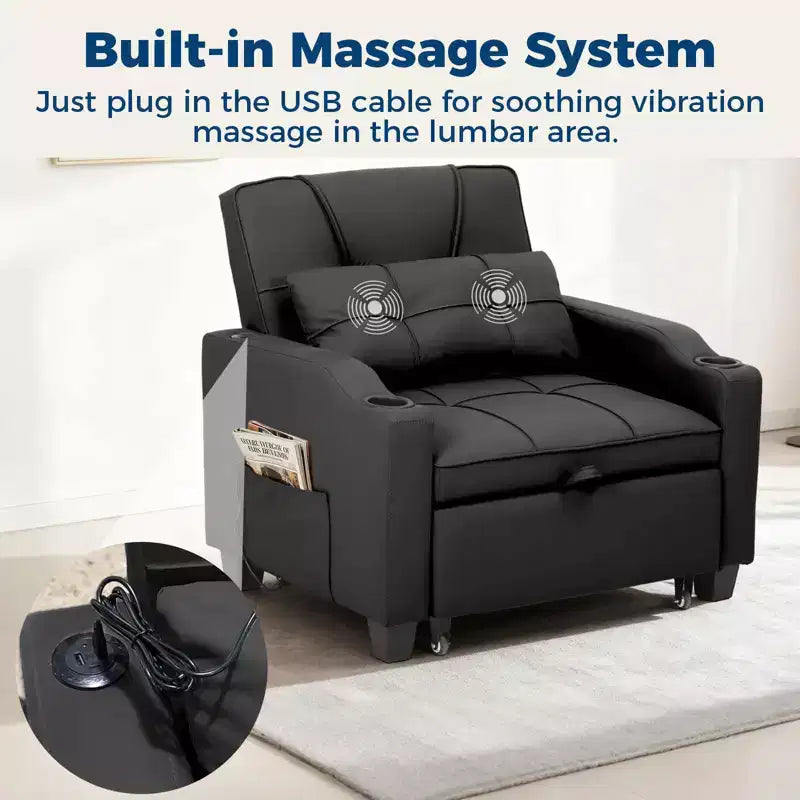 Canapé-lit convertible 4-en-1 avec oreiller de massage - USB/Type-C et porte-gobelets pour petits espaces