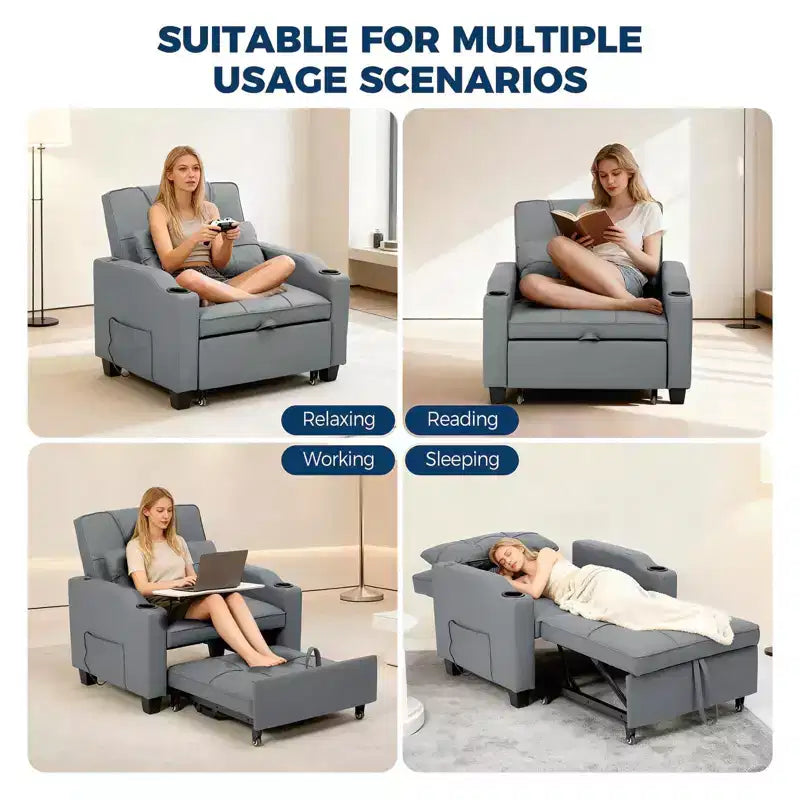 Canapé-lit convertible 4-en-1 avec oreiller de massage - USB/Type-C et porte-gobelets pour petits espaces