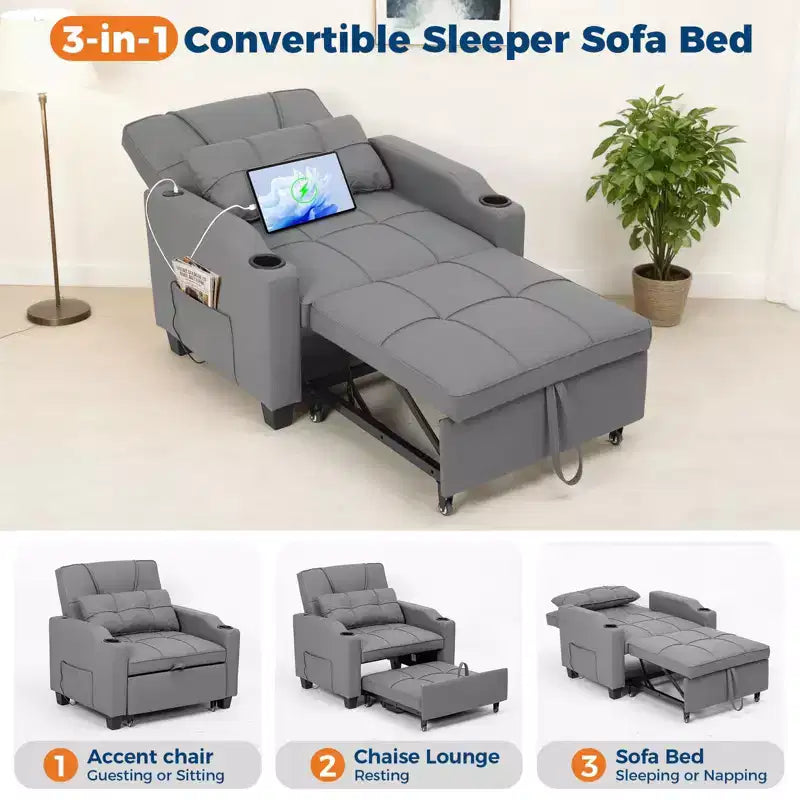 Canapé-lit convertible 4-en-1 avec oreiller de massage - USB/Type-C et porte-gobelets pour petits espaces