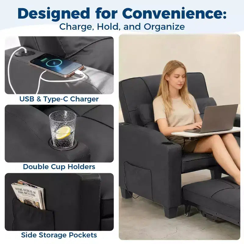 Canapé-lit convertible 4-en-1 avec oreiller de massage - USB/Type-C et porte-gobelets pour petits espaces