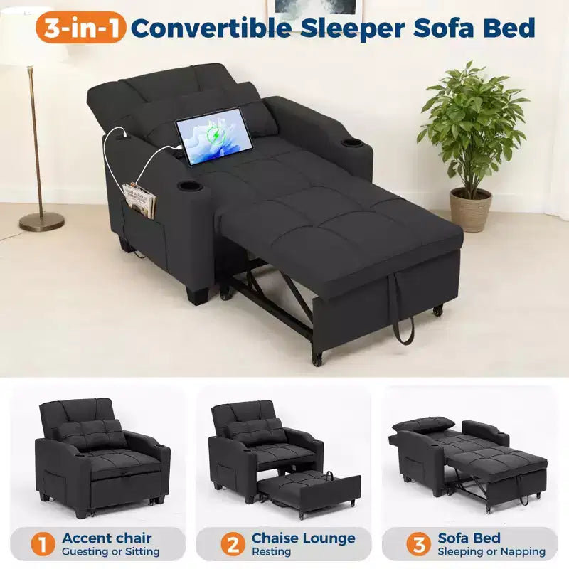 Canapé-lit convertible 4-en-1 avec oreiller de massage - USB/Type-C et porte-gobelets pour petits espaces