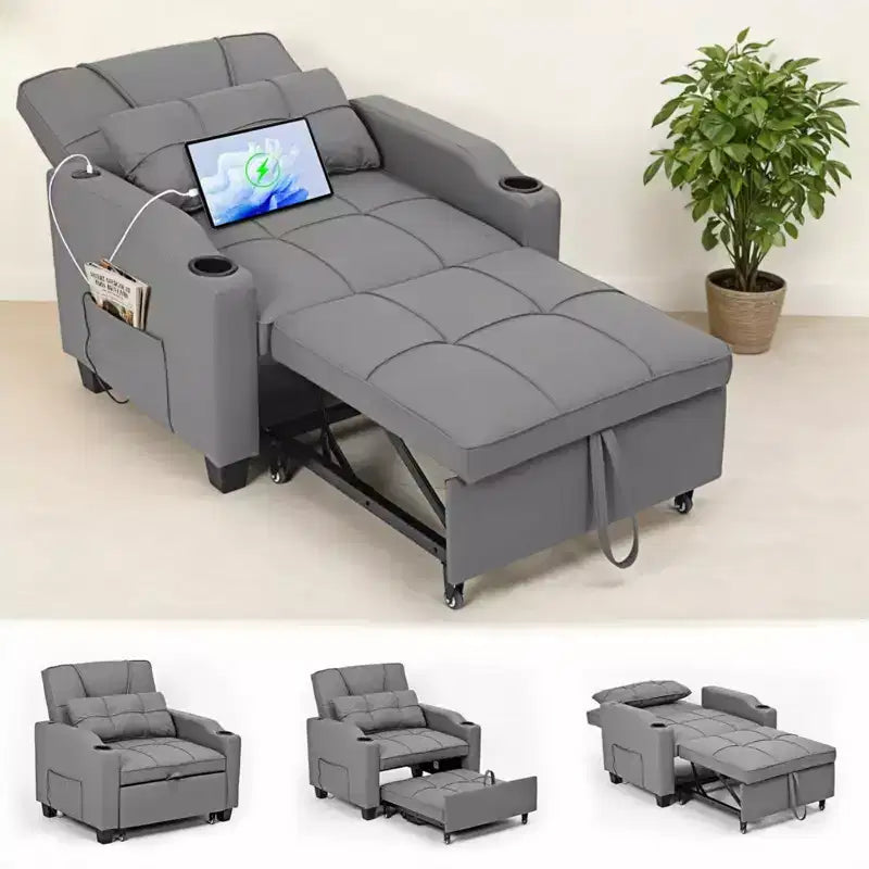 Canapé-lit convertible 4-en-1 avec oreiller de massage - USB/Type-C et porte-gobelets pour petits espaces