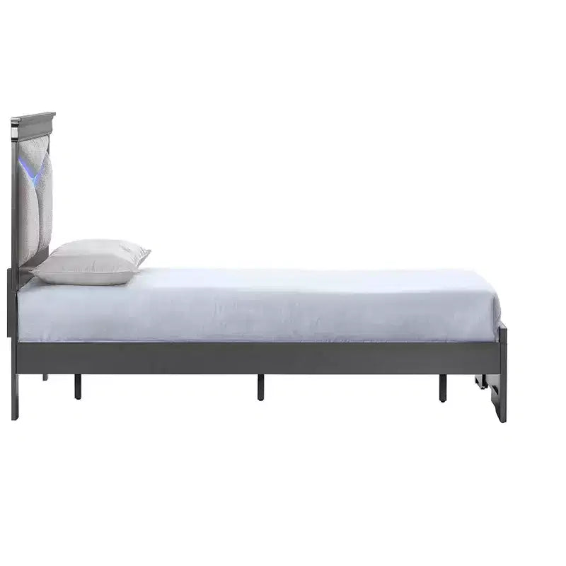 Lit double plateforme Passion Furniture Lorana en bois gris acier avec tête de lit lumineuse à LED