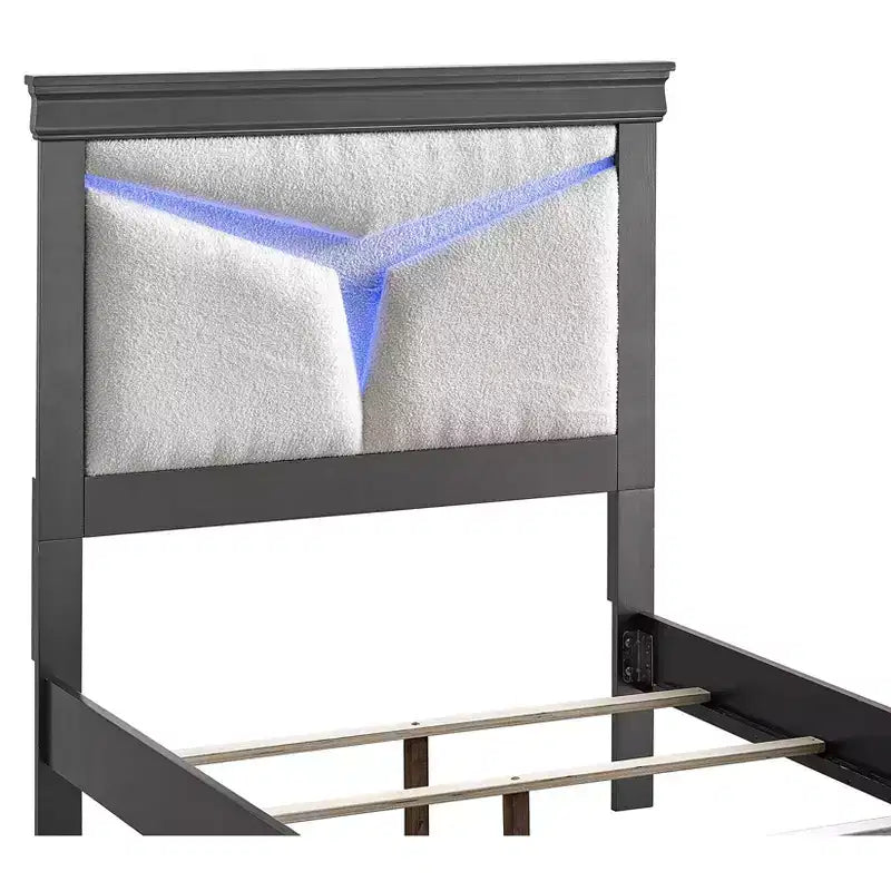 Lit double plateforme Passion Furniture Lorana en bois gris acier avec tête de lit lumineuse à LED