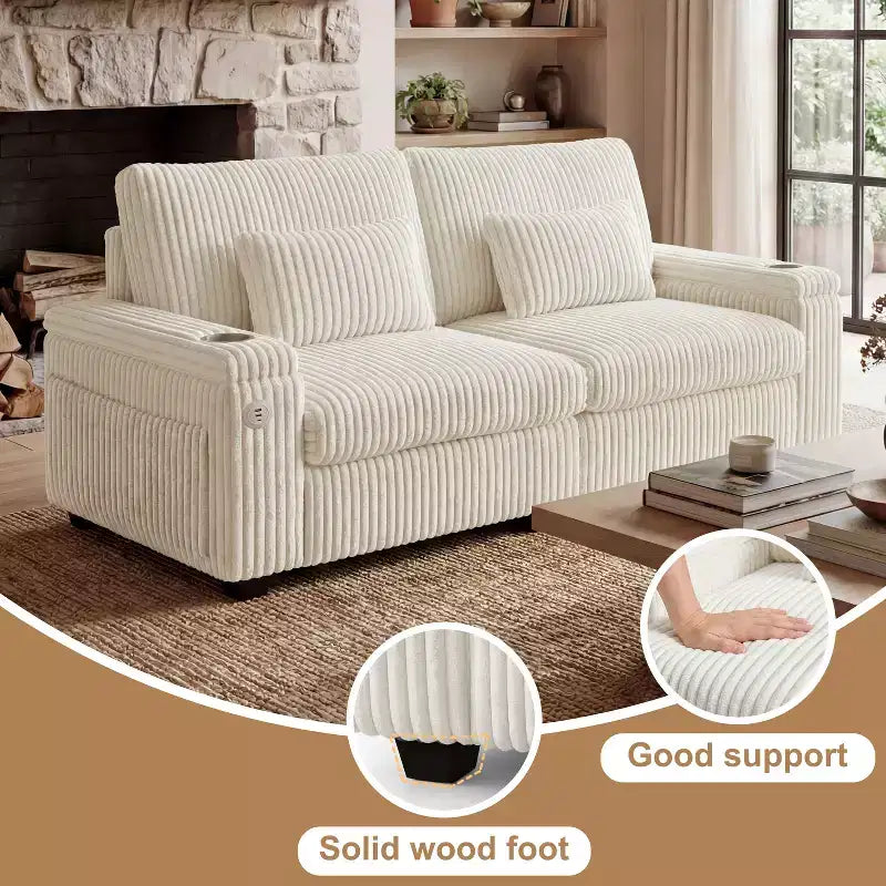 Canapé moderne 2 places Dyonery 91 avec ports de charge, porte-gobelets et rangement dans les accoudoirs – Large velours côtelé