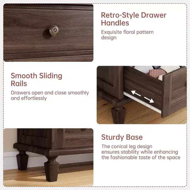 Commode Vintage en Bois à 4 Tiroirs, Poignées Sculptées et Pieds Fuselés, Grand Rangement Chambre, Marron Clair