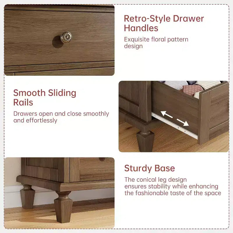 Commode Vintage en Bois à 4 Tiroirs, Poignées Sculptées et Pieds Fuselés, Grand Rangement Chambre, Marron Clair