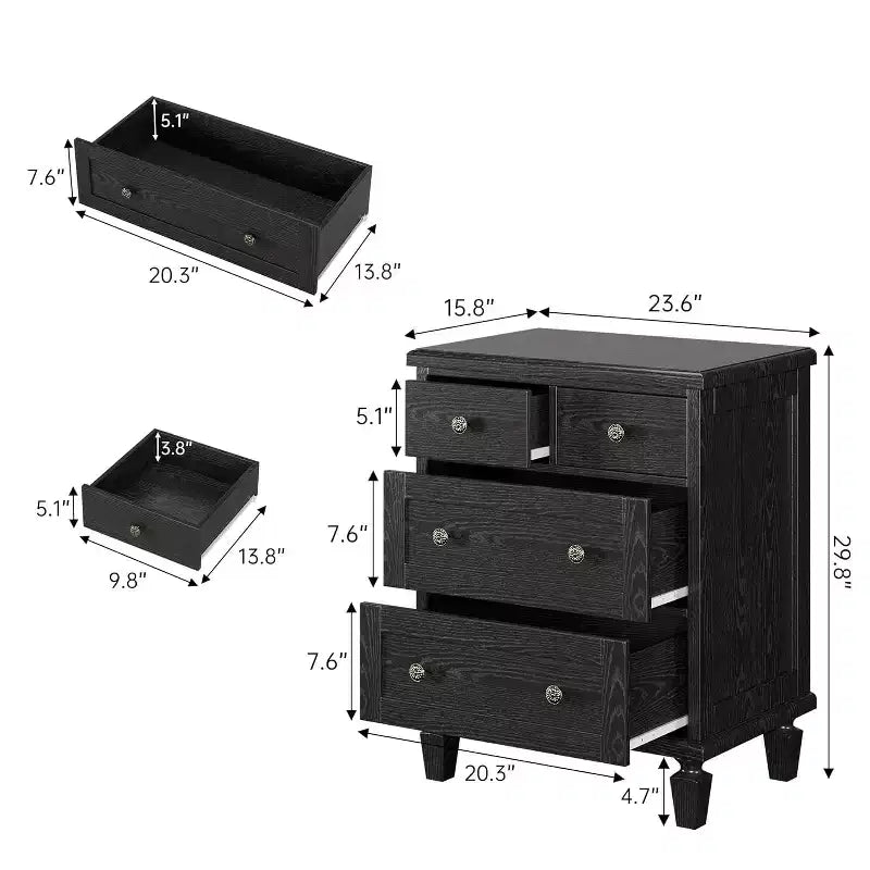 Commode Vintage en Bois à 4 Tiroirs, Poignées Sculptées et Pieds Fuselés, Grand Rangement Chambre, Marron Clair