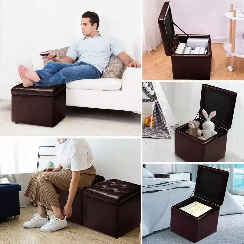 Costway Pouf Ottoman Cube de Rangement 40,5cm avec Couvercle Charnière, Siège Repose-Pieds Marron Rouge/Noir