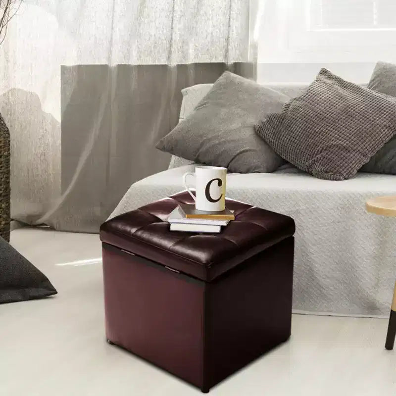 Costway Pouf Ottoman Cube de Rangement 40,5cm avec Couvercle Charnière, Siège Repose-Pieds Marron Rouge/Noir