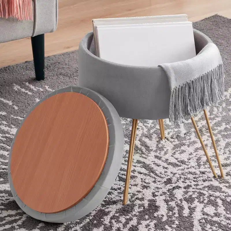 Ornavo Home Modern Round Velvet Storage Ottoman with Gold Metal Legs & Tray Top Coffee Table - Silver