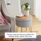 Ornavo Home Pouf de rangement rond moderne en velours avec pieds en métal doré et plateau de table basse - Argent