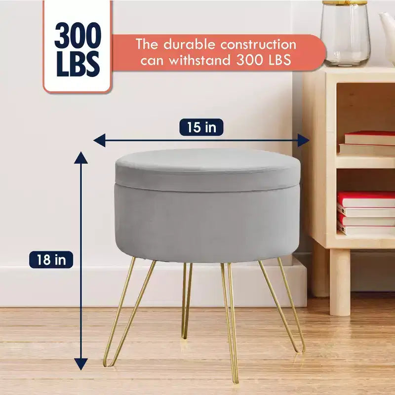 Ornavo Home Pouf de rangement rond moderne en velours avec pieds en métal doré et plateau de table basse - Argent