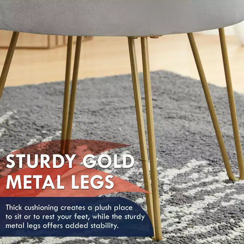 Ornavo Home Pouf de rangement rond moderne en velours avec pieds en métal doré et plateau de table basse - Argent