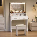 Vanity Table with LED Lighted Mirror, Modern Makeup Vanity Desk with Storage Drawers & Open Shelves, Vanity Set with Stool for Bedroom