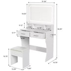 Coiffeuse avec miroir LED éclairé, table de maquillage moderne avec tiroirs de rangement et étagères ouvertes, ensemble de coiffeuse avec tabouret pour chambre à coucher
