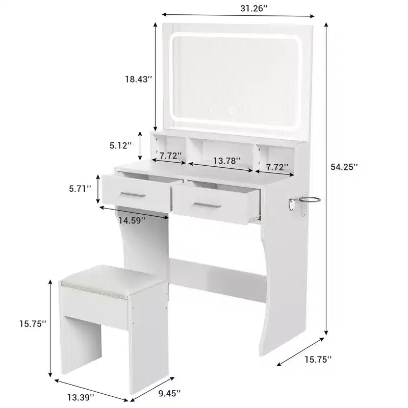 Coiffeuse avec miroir LED éclairé, table de maquillage moderne avec tiroirs de rangement et étagères ouvertes, ensemble de coiffeuse avec tabouret pour chambre à coucher