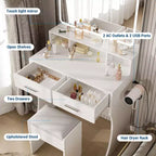 Coiffeuse avec miroir LED éclairé, table de maquillage moderne avec tiroirs de rangement et étagères ouvertes, ensemble de coiffeuse avec tabouret pour chambre à coucher