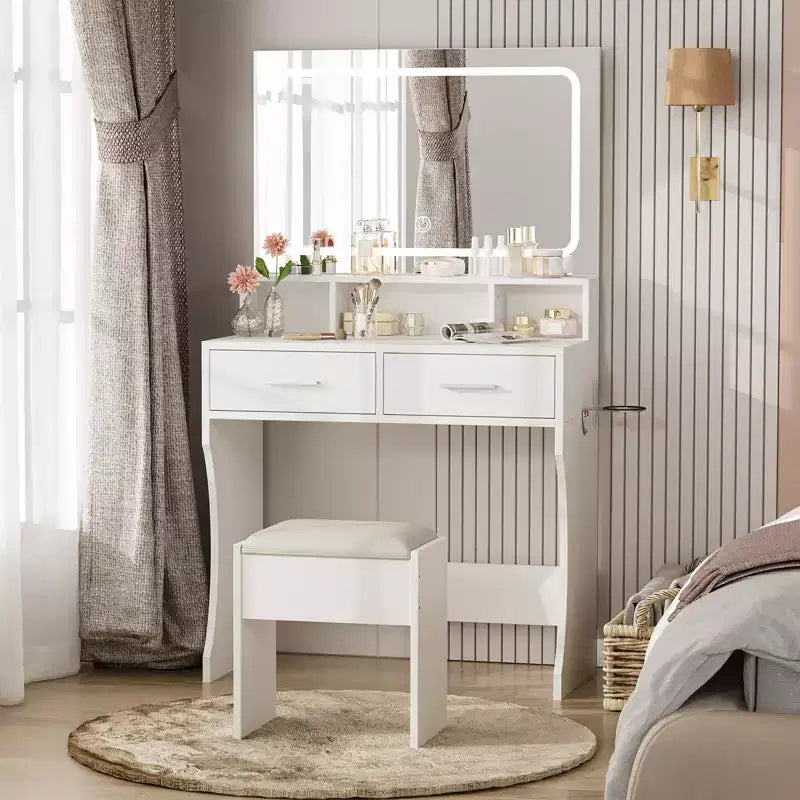 Coiffeuse avec miroir LED éclairé, table de maquillage moderne avec tiroirs de rangement et étagères ouvertes, ensemble de coiffeuse avec tabouret pour chambre à coucher