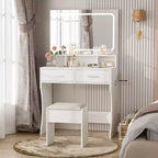 Coiffeuse avec miroir LED éclairé, table de maquillage moderne avec tiroirs de rangement et étagères ouvertes, ensemble de coiffeuse avec tabouret pour chambre à coucher