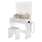 Coiffeuse avec miroir LED éclairé, table de maquillage moderne avec tiroirs de rangement et étagères ouvertes, ensemble de coiffeuse avec tabouret pour chambre à coucher
