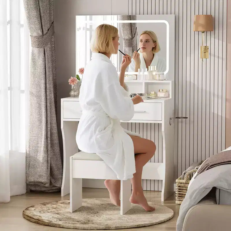 Coiffeuse avec miroir LED éclairé, table de maquillage moderne avec tiroirs de rangement et étagères ouvertes, ensemble de coiffeuse avec tabouret pour chambre à coucher