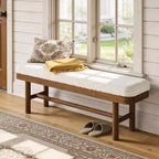 Lantine 55-Inch Solid Wood Entryway Bench, Rustic Upholstered Bench with Cushion for Dining Room, Mudroom, Porch, White & Brown, Easy Assembly