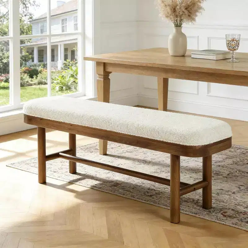 Banc d'entrée en bois massif Lantine de 55 pouces, banc rustique rembourré avec coussin pour salle à manger, vestiaire, porche, blanc et marron, assemblage facile