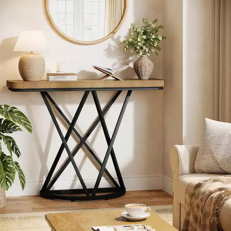 Lantine 41.3 Table console industrielle avec base en métal géométrique, petit meuble d'appoint étroit pour salon, couloir, hall d'entrée