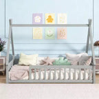 Luxystar Twin Size House Floor Flame Bed with Guardrails and Slats