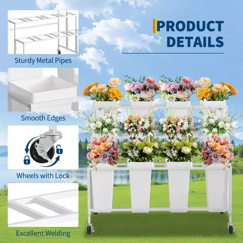 Coolmee Présentoir à fleurs avec 12 seaux carrés, Chariot à fleurs en métal avec roues pour patio, jardin, magasin, intérieur et extérieur