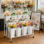 Coolmee Présentoir à fleurs avec 12 seaux carrés, Chariot à fleurs en métal avec roues pour patio, jardin, magasin, intérieur et extérieur