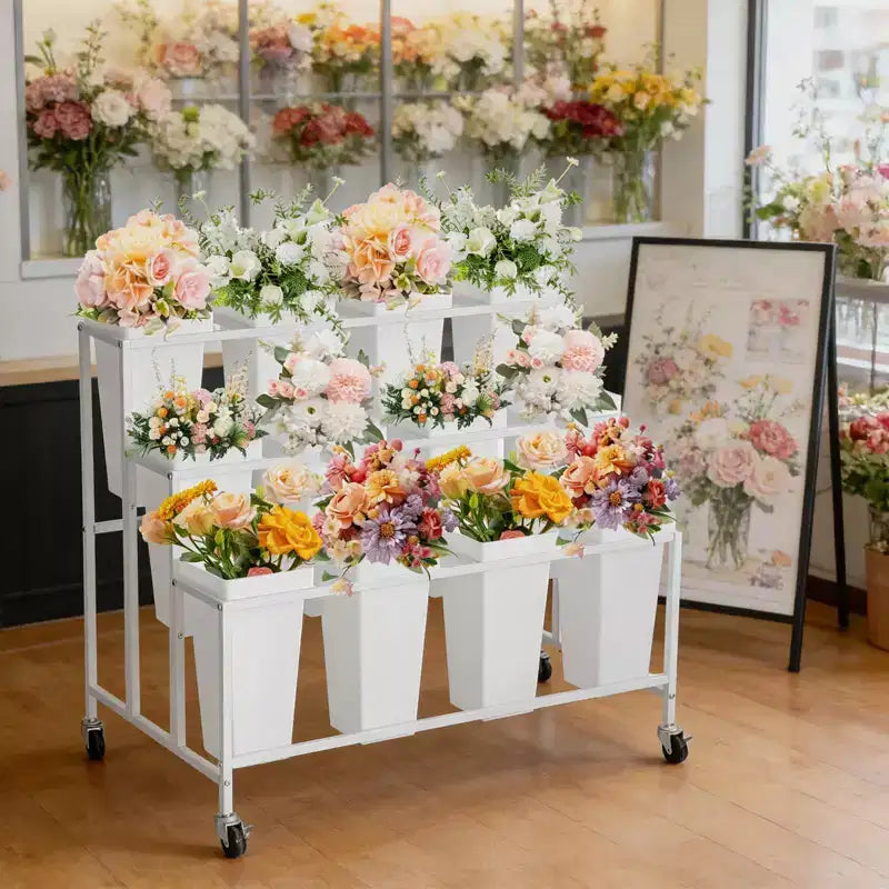 Coolmee Présentoir à fleurs avec 12 seaux carrés, Chariot à fleurs en métal avec roues pour patio, jardin, magasin, intérieur et extérieur