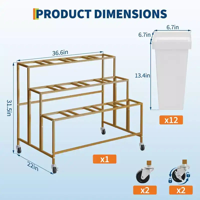 Coolmee Présentoir à fleurs avec 12 seaux carrés, Chariot à fleurs en métal avec roues pour patio, jardin, magasin, intérieur et extérieur