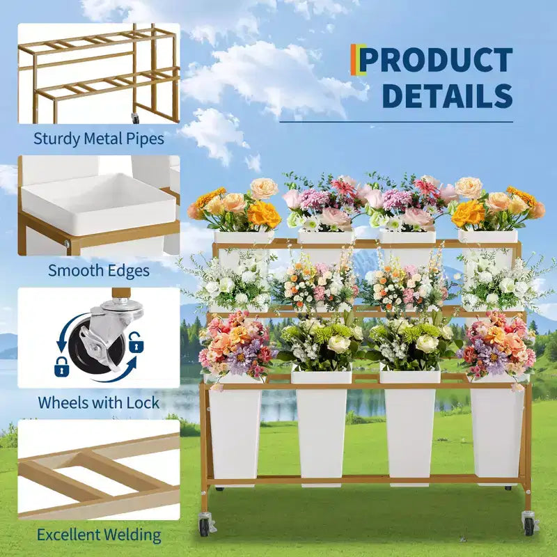 Coolmee Présentoir à fleurs avec 12 seaux carrés, Chariot à fleurs en métal avec roues pour patio, jardin, magasin, intérieur et extérieur