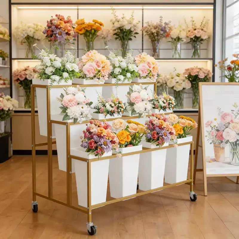 Coolmee Présentoir à fleurs avec 12 seaux carrés, Chariot à fleurs en métal avec roues pour patio, jardin, magasin, intérieur et extérieur