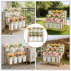 Coolmee Présentoir à fleurs avec 12 seaux carrés, Chariot à fleurs en métal avec roues pour patio, jardin, magasin, intérieur et extérieur