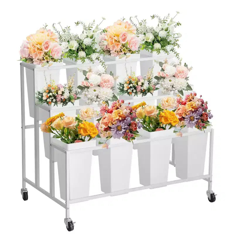 Coolmee Présentoir à fleurs avec 12 seaux carrés, Chariot à fleurs en métal avec roues pour patio, jardin, magasin, intérieur et extérieur