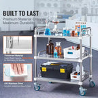 Chariot de laboratoire roulant en acier inoxydable à 3 étagères avec garde-corps et roulettes pivotantes, capacité de 100 kg, chariot médical dentaire utilitaire 66x40x86 cm